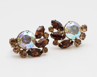 50s Sherman Cognac Rhinestone Earrings - Vintage 1950s Rhinestone Screw Back Earrings