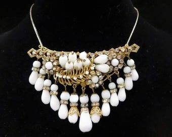 Beautiful Original by Robert Milk Glass and Clear Rhinestone Montees and Rhinestone Rondell Dangle Brooch/Pendant