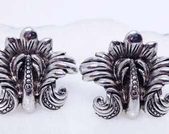 Ginnie Johansen Silver Tone Clip Earrings, Vintage Costume Jewelry