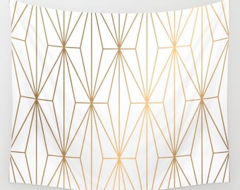 Gold Geometric Pattern Wall Tapestry, White Wall Tapestry, Wall Hanging, Gold Wall Tapestry, Tapestry, Bohemian Hanging, Boho Wall Tapestry