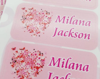 42 Dishwasher Safe & Waterproof Kids Personalized Name Label Stickers with Heart Flowers | Children Baby Bottle Daycare School Tag Sippy Cup