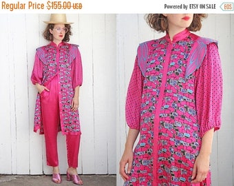 30% OFF Vintage 80s Designer Two Piece Set | 80s Designer Diane Freis Printed Silk Pant Set Magenta Pink | Medium M