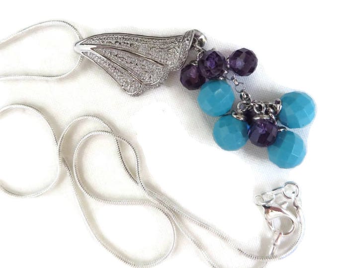 Sterling Silver Beaded Pendant, Vintage Fan Pendant, Sterling Silver Necklace, Dangling Bead Pendant
