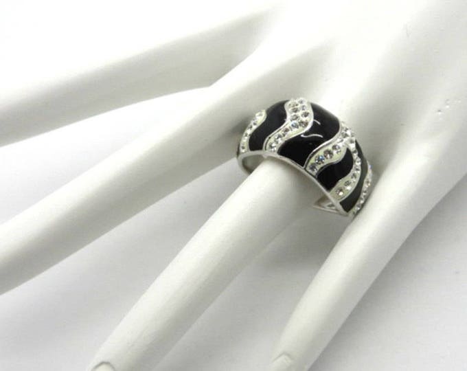 Sterling Silver - Black Enamel Silver Ring, Zebra Striped CZ Ring, Wide Band Ring, Size 8, Gift Box, Perfect Gift