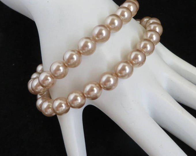 Faux Pearl Bracelet Pair, Vintage Stretch Bead Bracelets, Cream Bead Bracelet Duo