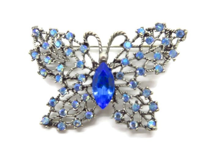 Butterfly Brooch Weiss Blue Rhinestone Butterfly Brooch - Vintage Signed Designer Butterfly Pin