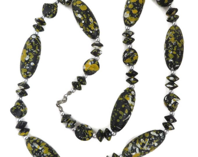 Black Bead Necklace, Vintage Boho Black White Yellow Spattered Bead Necklace, Hippie Jewelry Gift Idea