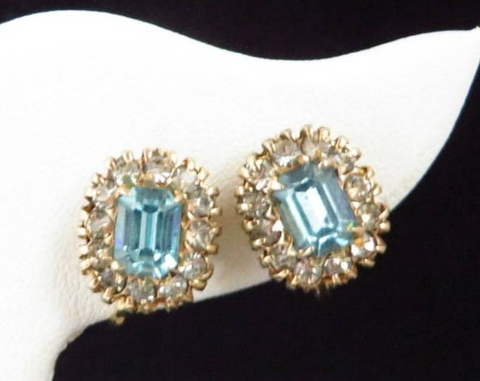 Vargas Rhinestone Earrings - Vintage Blue Rhinestone Screwback Earrings, Gift idea, Gift Box