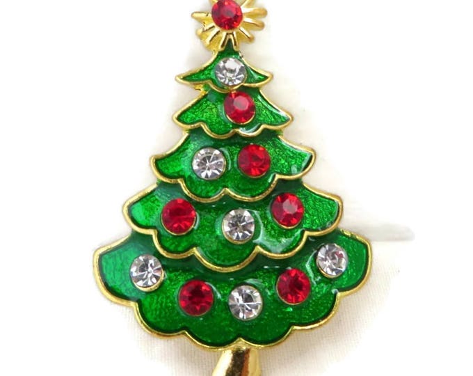 Vintage Brooch - Christmas Tree Brooch, Rhinestone Xmas Brooch, Gold Tone Holiday Pin