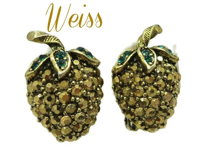 Weiss Strawberry Earrings Vintage Signed Weiss Gold Tone Green Rhinestone Clip-on Earrings, FREE SHIPPING