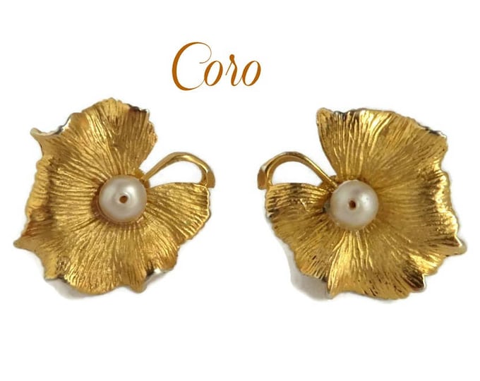 Coro Gold Tone Flower Earrings, Vintage Faux Pearl Screw Back Earrings