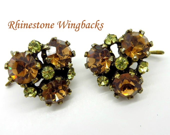Orange Green Rhinestone Earrings, Vintage Wingback Earrings Mid Century Flower Design Gift for Her