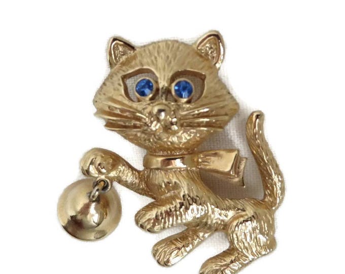 Vintage AVON Cat Brooch, Gold Tone Kitten, Bell Pin, 1980s Jewelry, Gift for Her, Gift Boxed
