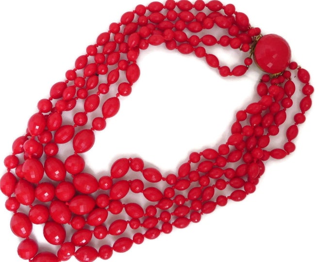 Red Beaded Necklace - Vintage Western Germany 5 Strand Necklace European Vintage 1960s Jewelry, Valentine's Day Gift