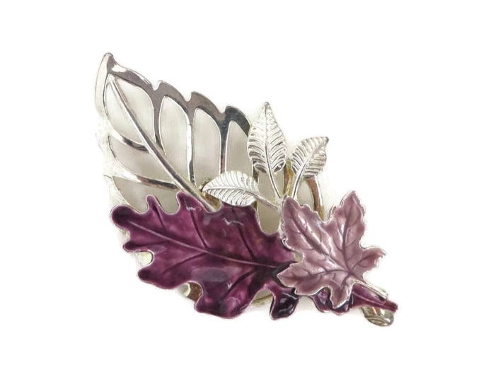 Signed KC Leaf Brooch - Vintage Purple Silver Tone Large Leaf Pin