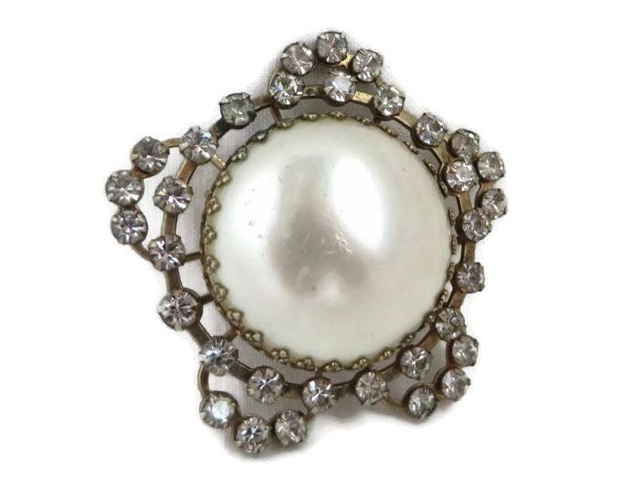 Vintage Faux Pearl Silver Tone Rhinestone Brooch