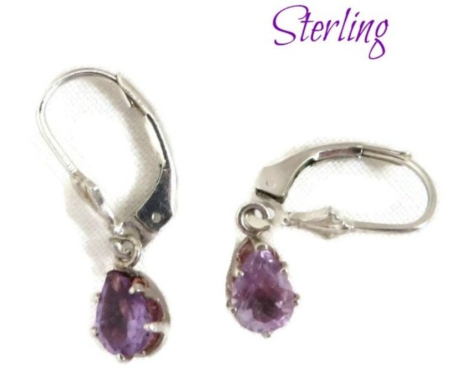 Sterling Silver Faux Amethyst Earrings, Vintage Pierced Leverback Dangling Earrings