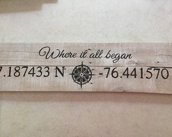 Rustic hand painted white washed pallet sign. "Where it all began" with coordinates.