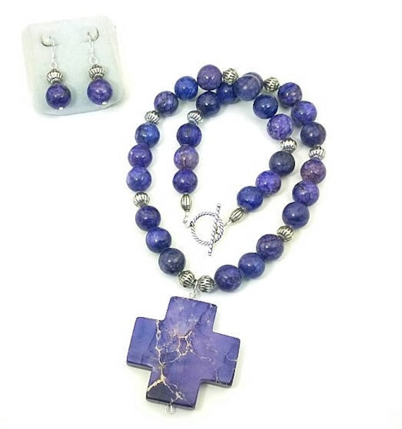 Purple Magnesite Necklace & Earrings, Purple Necklace, Cross Necklace