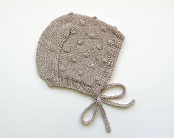 OTTO Popcorn Bobble Knit Baby Bonnet, Seamless,Stone Beige, Merino Wool ,Unisex Baby Hat, Size 0-3,3-6,6-12,12-24mths,2-4years,Made to Order