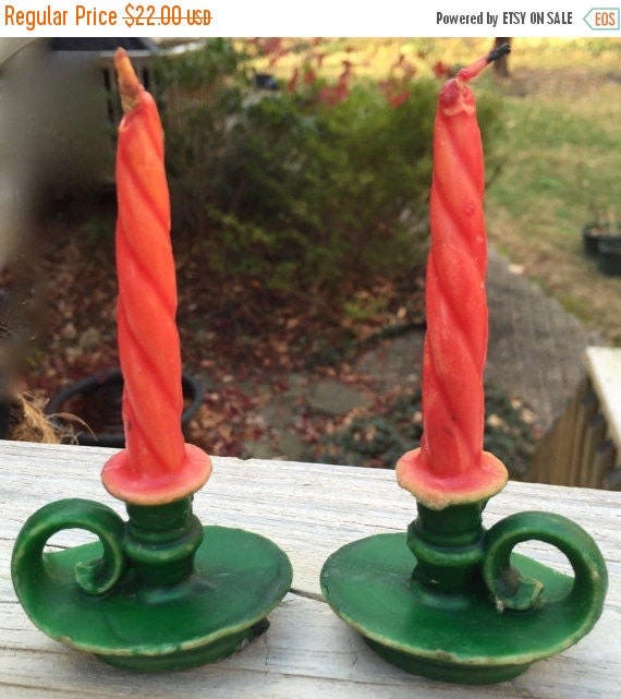 Items similar to Gurley Candles Rare Christmas Chambersticks Set of 2 Twisted Tapers Green Base