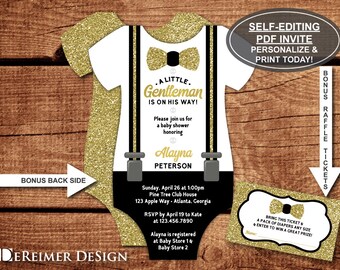 Little Man Baby Shower Invitation, Onesie Invitation, Gentleman, Bow Tie, Suspenders, Black, Gold, Self-Editing Invite, BONUS Raffle Tickets