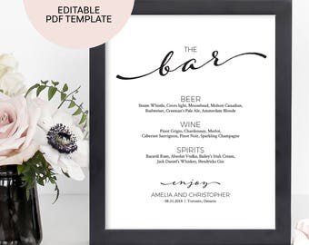 Wedding Bar Menu Sign - Editable Bar Menu Template - Wedding Bar Menu Template - Wedding Bar Sign - Bar Menu Template