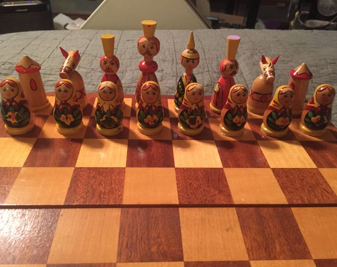 Vintage Hand Painted Chess Set from Gorki - Made in Russia - Matryoshka Doll Pawn - Unique Chess Set - Rare Collectors Chess - Display Set