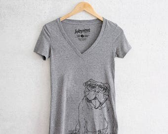 Tank The English Bulldog -Tri-Blend Deep V Grey - English Bulldog Art, Gifts For Dog Owner, English Bulldog Shirt, English Bulldog Love