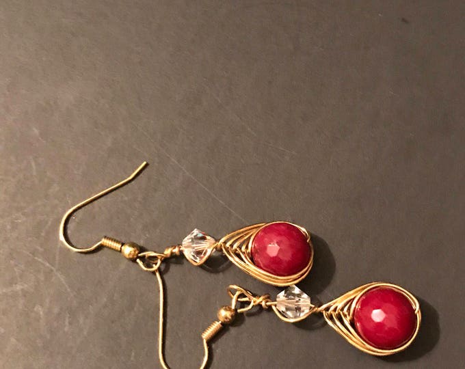 Red agate earrings, stud red earrings, dangle red agate earrings, red agate Swarovski wire wrapped earrings