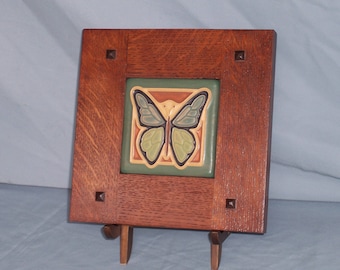Framed Arts And Crafts Tile-Butterfly-Mission Style Frame-Home Sweet Home