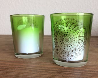 Green Ombre Votive Candle Holders with Hand Drawn Mandala