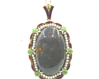 Antique Bloodstone Enamel Seed Pearl Pendant Necklace