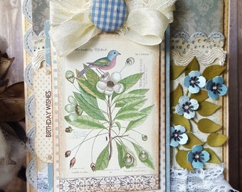 Handmade Birthday Card, Vintage card, Bird Handmade card, Vintage Botanical card, Shabby Chic Greeting card