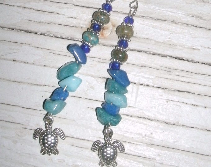 Sea Turtle Earrings, Blue Beaded long dangle earrings, boho, silver sea turtle charms, various blues mix, quartz crystal, Chrysocolla, plus