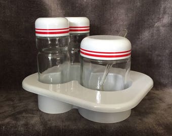 Vintage Valira Spain salt and pepper shaker set with condiment jar and spoon