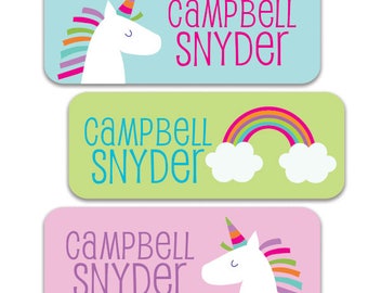 30 Waterproof Name Labels for School, Camp, Daycare. Personalized Name Labels for Girls, Unicorn Rainbow Design