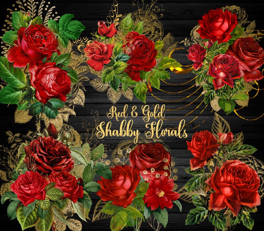 Red and Gold Shabby Floral Clip Art digital instant download