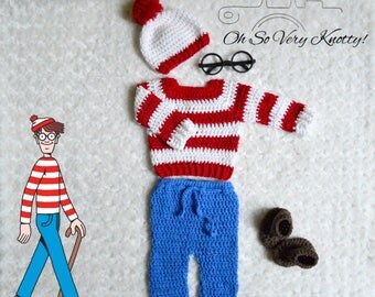 Handmade Waldo-Inspired baby crochet outfit/costume Photo Prop. Hat, shirt, pants, booties. 100% Cotton