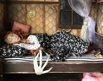 The creeper and the sleeper ooak doll diorama creepy horror doll box scary doll