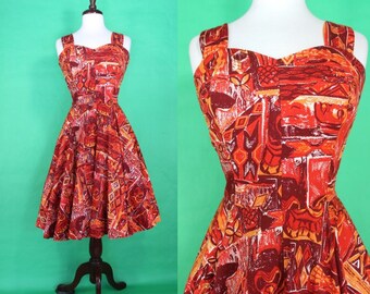 50's Hawaiian Dress......50's Royal Hawaiian Tiki Print 50's Sundress Hawaiian Dress Tiki Dress Luau Dress Size Large