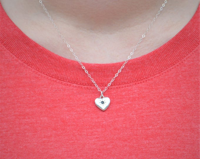 Sapphire Mothers Necklace, Silver Heart Necklace, Sapphire Necklace, Dainty Heart Necklace, Mothers Necklace, September Birthstone Necklace