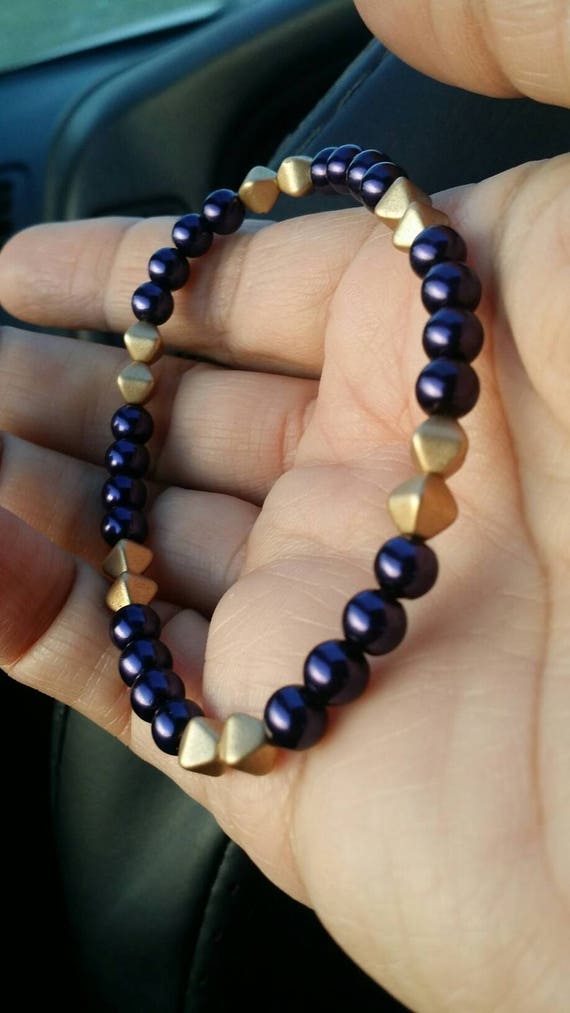 Mens Bead Bracelets Purple and Gold Bead Mens Bracelet