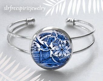 Delftware Bracelet, Blue and White, Delftware Necklace, Vintage Delftware, Silver Jewerly Glass jewelry,Netherlands, Collectables