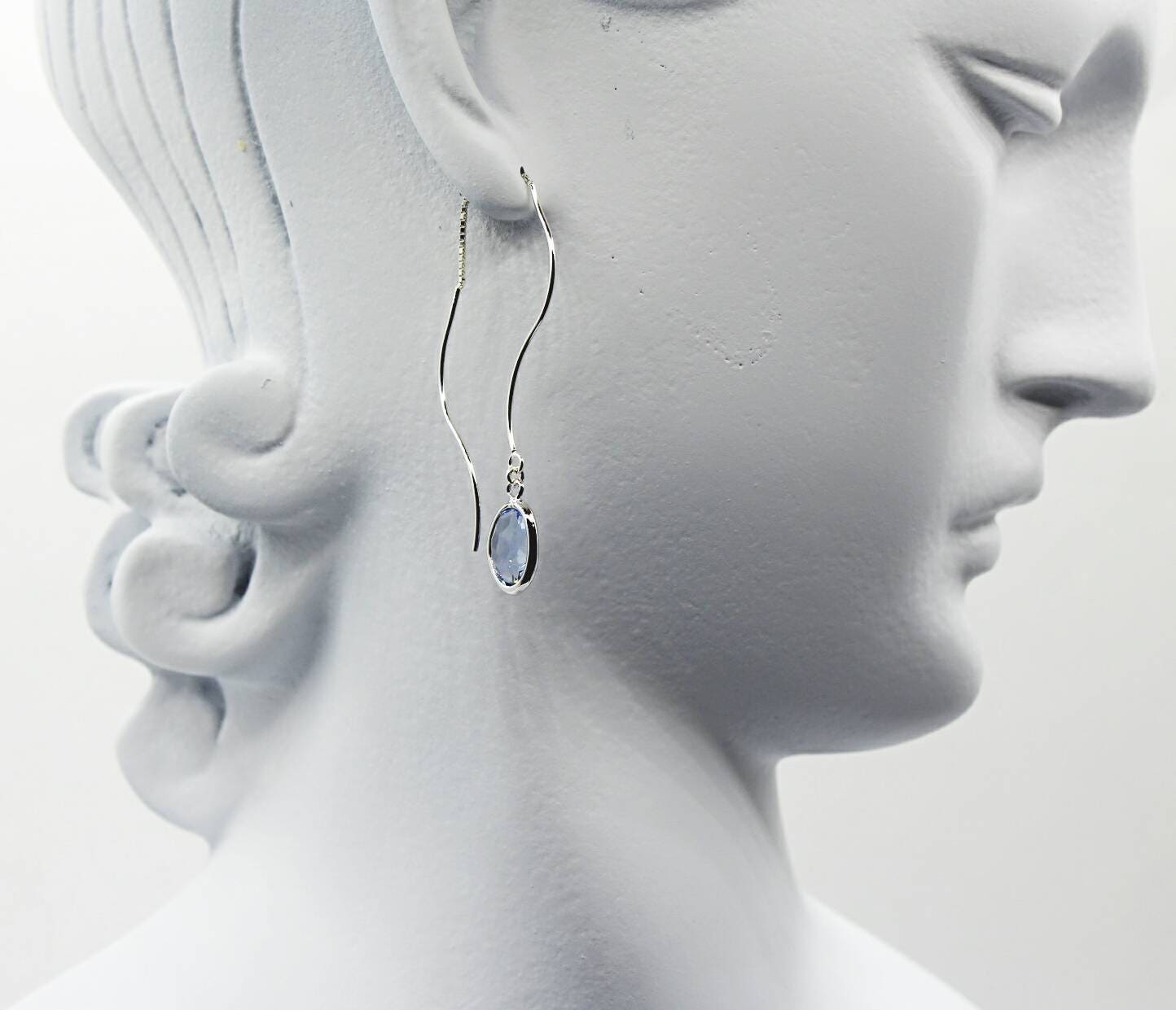 Wavy silver ear threader earring rectangle threader earring