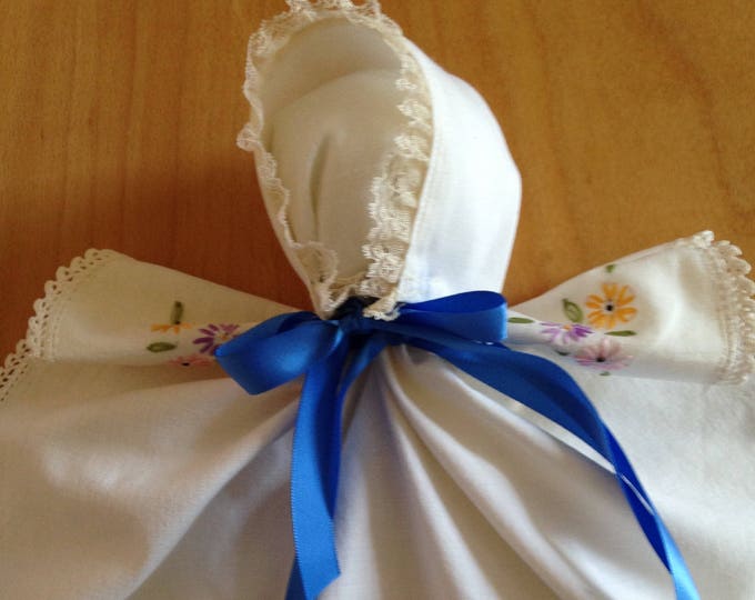 Vintage Handmade Church Doll in Bonnet. Linen-Lace Doll from Hand Embroidered Dresser Scarf. Pioneer Amish Doll. Antique Hush Baby Doll