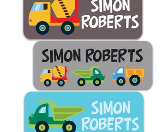 Boy Name Labels, Daycare Personalized Waterproof School Name Labels, Waterproof Labels, Dishwasher Safe, Construction Trucks