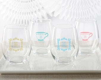 Personalized 15 oz. Stemless Wine Glass Tea Time Monogram Teacup Large Wine Glasses Winery Bridesmaid Gift Wedding Bridal Shower Favor