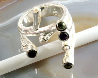 Precious stones,perls and 925 Sterling Silver Ring -- 6275