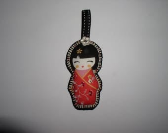 Keychain, bag charm fabric geisha with pearls and button